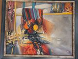 a painting of a vase with oranges in it on a table
