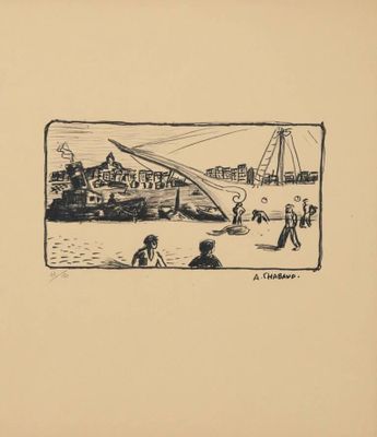 une image représentant un dessin de personnes sur une plage près d'un bateau