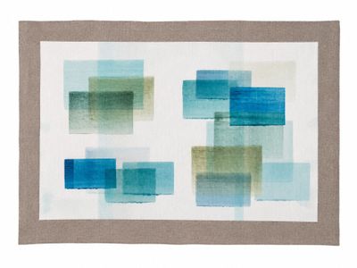 a painting of blue and green squares on a white background