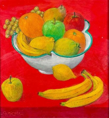 tableau représentant un bol de fruits avec des bananes et des pommes sur fond rouge