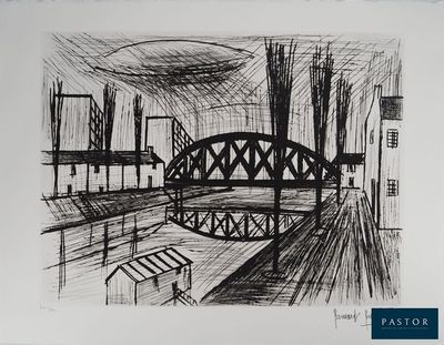 dessin en noir et blanc représentant un pont avec des bancs au premier plan