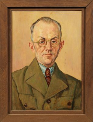 une peinture à l'huile représentant un homme en costume-cravate