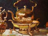 a painting of a table with teapots and other items on it