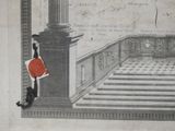 a drawing of a man in a red coat standing in front of a staircase