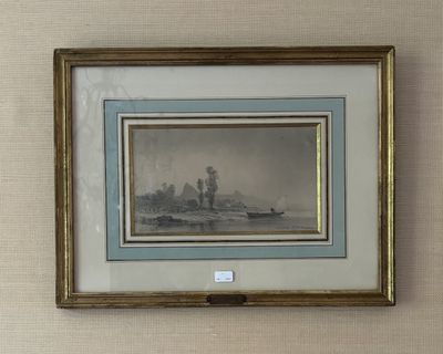 tableau représentant un homme et une femme dans un bateau sur un plan d'eau