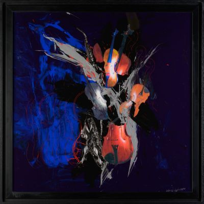 tableau représentant un bouquet de fleurs dans un cadre noir sur fond bleu