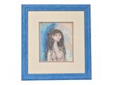 painting of a woman in a blue frame on a white background