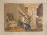 a painting of a group of people working in a kitchen
