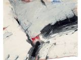 an abstract painting of a black and white painting with red accents