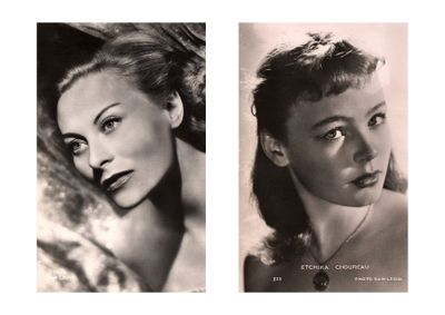 two black and white photos of a woman with a necklace