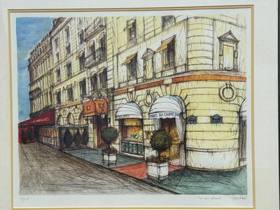 tableau représentant une scène de rue avec un café et un immeuble