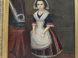 tableau représentant une femme vêtue d'une robe blanche et d'une robe rouge et noire