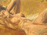 une peinture à l'huile représentant une femme nue allongée sur un lit