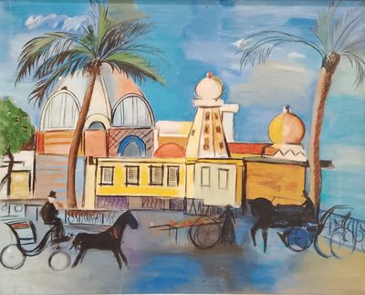 a painting of a horse drawn carriage in front of a building