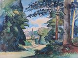 a watercolor painting of a country road in the woods