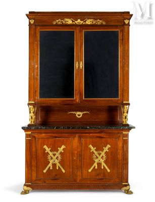 an antique wooden cabinet with two doors and a marble top
