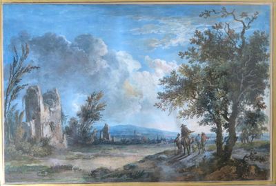 a painting on the wall of a room with a painting of a landscape