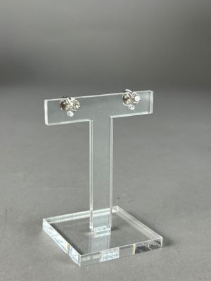 a clear acrylic display stand with two studded earrings on it