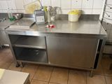 a large stainless steel work table in a commercial kitchen