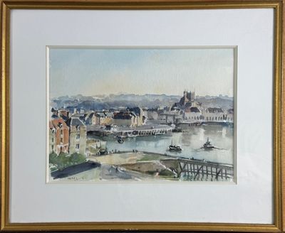 aquarelle encadrée représentant une vue de ville avec un pont