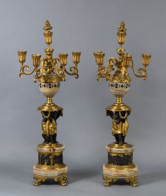 pair of antique bronze and marble candelabs with figurines