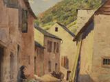 a painting of a man sitting on the side of a building