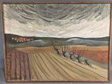 an oil painting of a farm scene with a plow in the foreground