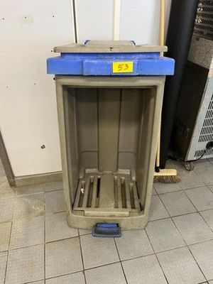 an image of a blue and gray trash can in a room
