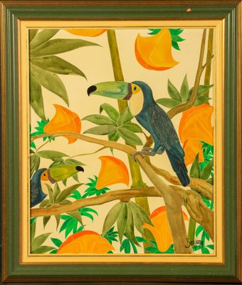 an image of a painting of two birds perched on a tree branch
