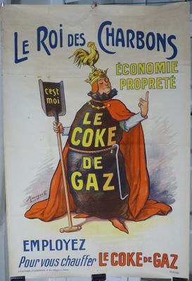 affiche représentant un homme déguisé en roi, tenant une pelle et une pancarte sur laquelle on peut lire « le coke de gaz »