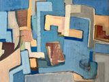 abstract painting of blue, yellow, and brown shapes on a blue background