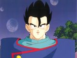 Gohan de Dragon Ball, vêtu d'une chemise bleue à col rouge et d'une cape bleue