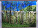tableau représentant une forêt avec un pont en arrière-plan