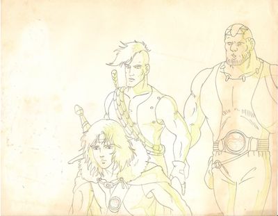 drawing of a group of people standing next to each other in front of a wall