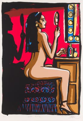 an image of a woman sitting on a chair looking at her reflection in a mirror