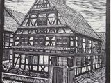 an image of a black and white drawing of a house in a village