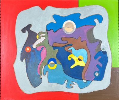 un tableau représentant un groupe de personnes sur un fond rouge et vert