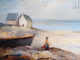 a painting of a man sitting on a beach next to a boat