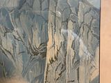 a picture of a painting of a train going over a bridge