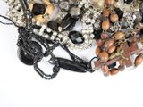 a lot of beads and necklaces on a white surface