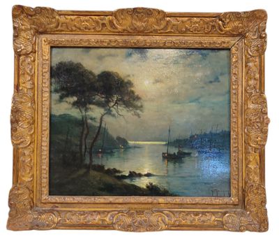 an oil painting of a landscape with boats in the water