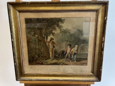 an old painting of a man and a woman in a wooded setting