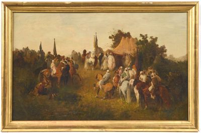 une image d'une peinture représentant un groupe de personnes à cheval