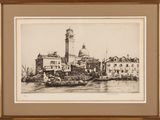 une image représentant un dessin en noir et blanc d'une ville avec une tour horloge