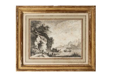 un dessin représentant un paysage avec un homme et un chien au bord d'une rivière