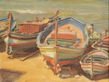 de nombreux bateaux échoués sur le sable au bord de l'eau