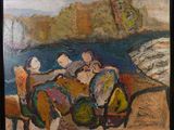 painting of a group of people sitting at a table by the water
