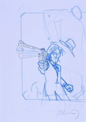 dessin représentant une femme tenant un pistolet dans la main droite