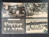 four old postcards of a town with buildings and trees