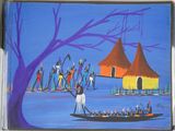 a painting of a man on a boat in the water